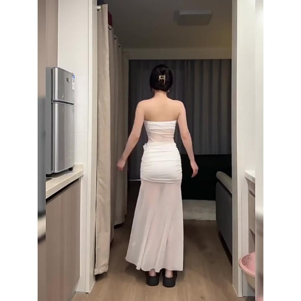 Платье-топ-труба из белой сетки с ветреным характером, женское, весеннее, с темпераментом, с завышенной талией, для морского отдыха, облегающее бедра, длинная юбка