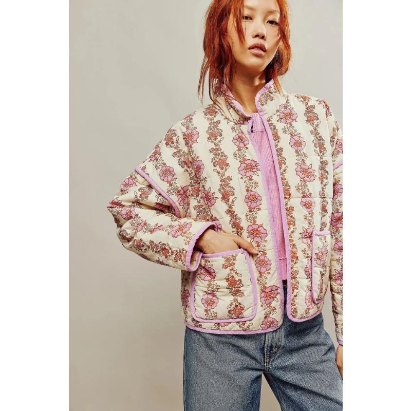 Зимние пальто Женская верхняя одежда Укороченная стеганая куртка Тренд Легкий цветочный принт Длинный рукав Утепленный стеганый кардиган Пальто