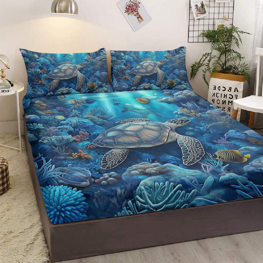 Sea Turtle Pattern 3-Piece Bedding Set With 2 Pillowcases For Living Room And Bedroom (Ocean World, Room, Decoration)