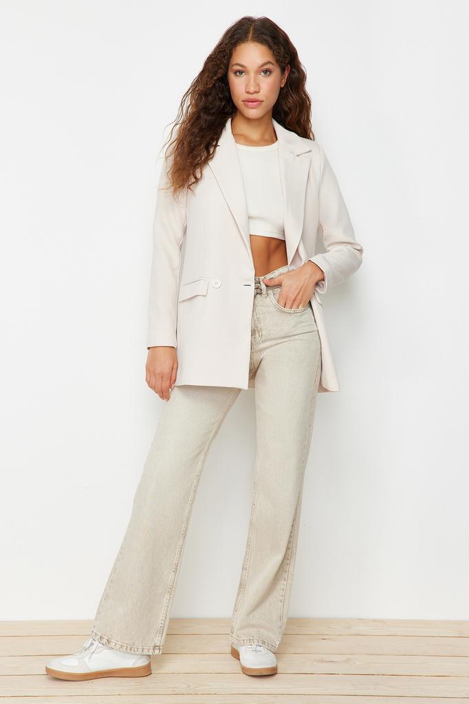 Women's Fashion Blazer Jacket Coat Lapel Long White Oversize Lined Woven Blazer Jacket