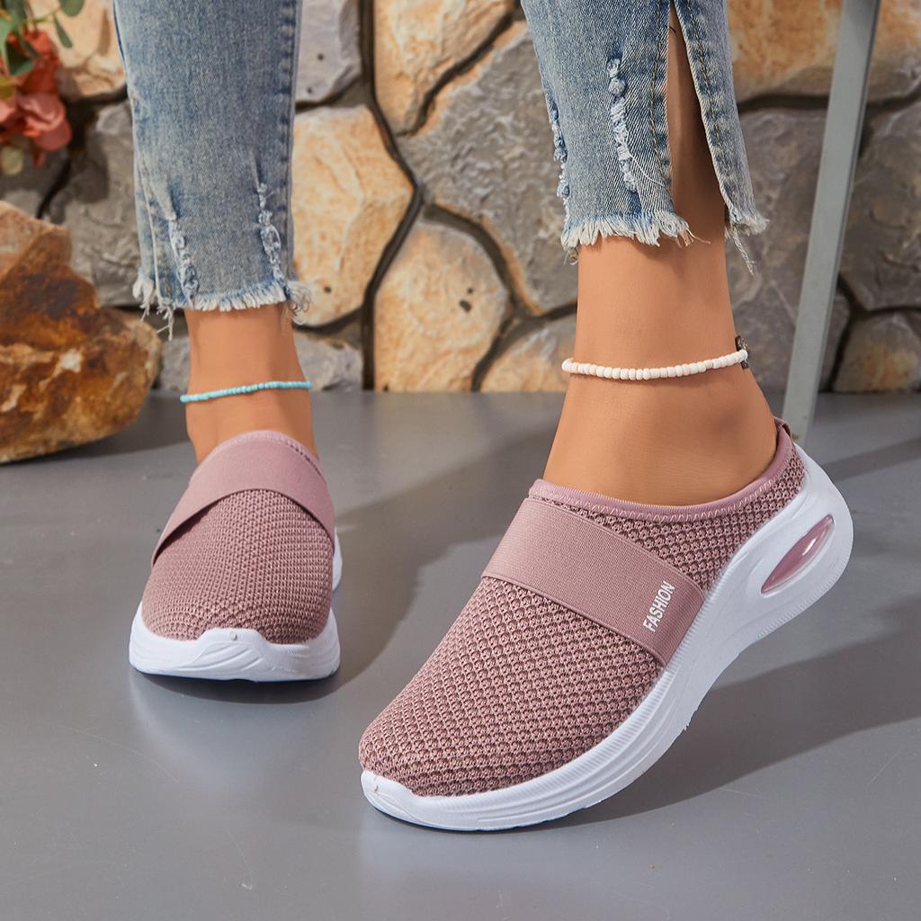Весна 2026 новая сетчатая женская обувь дышащая fly-woven однобортная обувь полу-тапочки повседневная обувь на плоской подошве на одну педаль удобная женская обувь