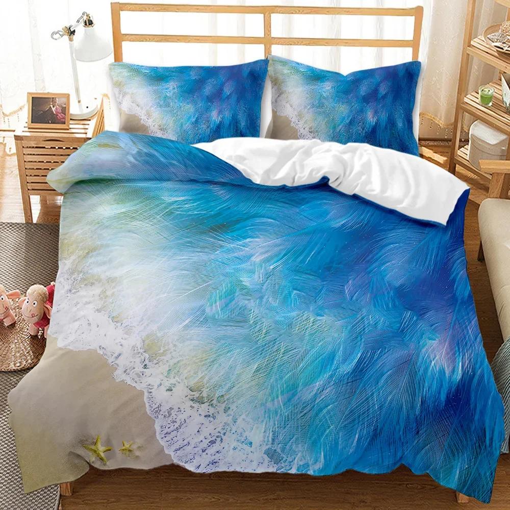 Beach Themed Bedding Set Blue Ocean Duvet Cover Set Starfish Coastal Bedding Beach Queen/King/Full Polyester Comforter Cover