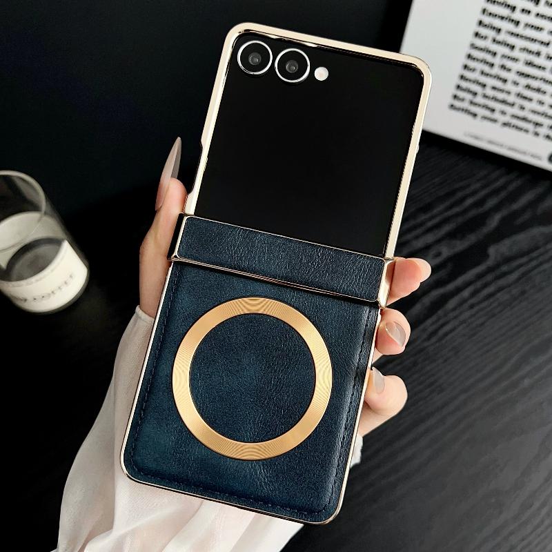 Luxury Electroplated Magnetic Case for Samsung Galaxy Z Flip 7 6 5 4 3 5G ZFlip7 FE ZFlip6 Leather Hinge Protection Cover Funda