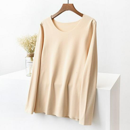 Женская немецкая бархатная терморубашка с длинным рукавом и зауженным кроем — бесшовная, с круглым вырезом, с утолщенным бархатом для осени и зимы