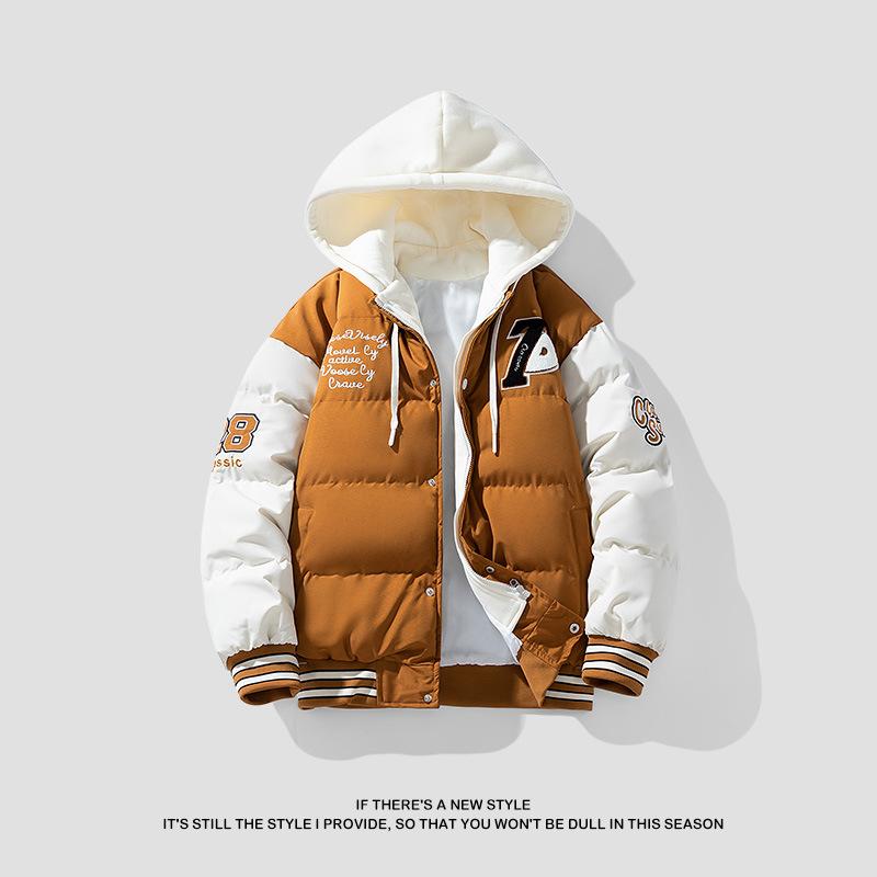 Men's New Cotton Coat Winter Thickened Down Cotton Coat Fake Two-piece Trendy Hooded Casual Teen Men