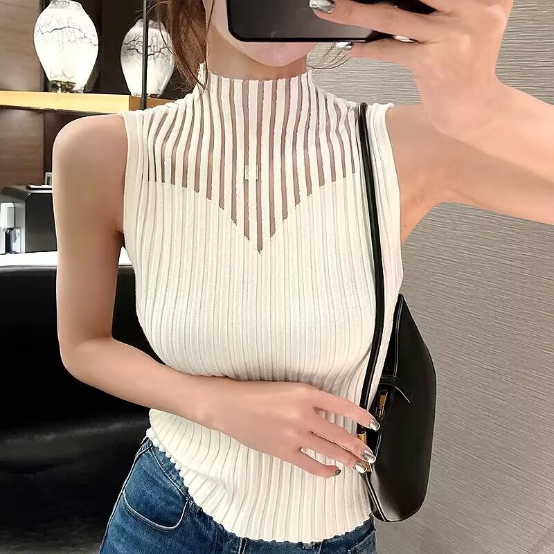 Half-high Collar Hollow Knitted Vest Mesh Splicing Inner Strap Sweater Vest Tight Sleeveless Middle Collar Bottom