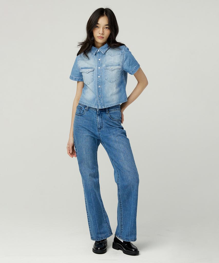 MAGOODGAN Femerald 2803 Fadewash Medium Indigo Crop Short Sleeve Shirt