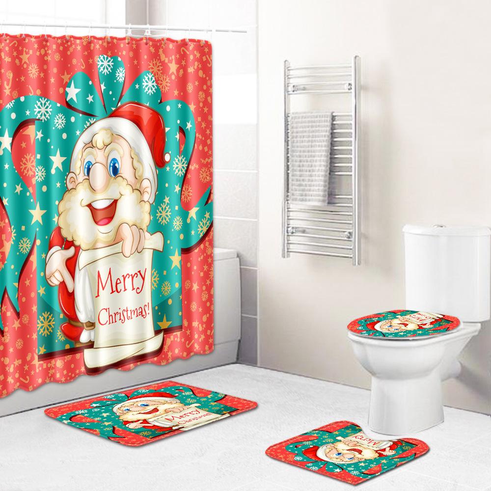 Christmas Waterproof Shower Curtain Four-Piece Floor Mat Combination Set Household Door Mat Bedroom Living Room Carpet