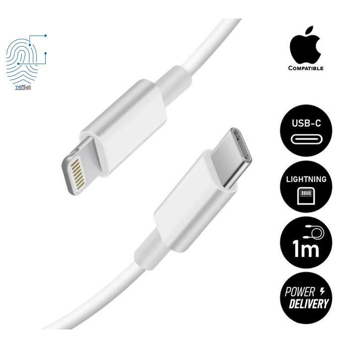 Chargeur iPhone Rapide 20W compatible iPhone + câble 1m USB C vers Lightning |ISOKA®|