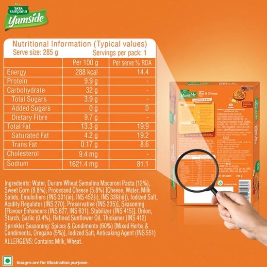 TATA Sampann Макароны быстрого приготовления Yumside Mac n Cheese, 285 г, готовые к употреблению продукты, время приготовления 60 секунд, БЕЗ добавления искусственных красителей и ароматизаторов, упаковка 1 шт.