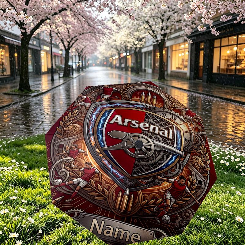 Custom Name Personalized Arsenal F.C Print Umbrella, Auto Open Close, 8‑Rib Sturdy Frame, Commute Camping Hiking Use, Birthday Gift