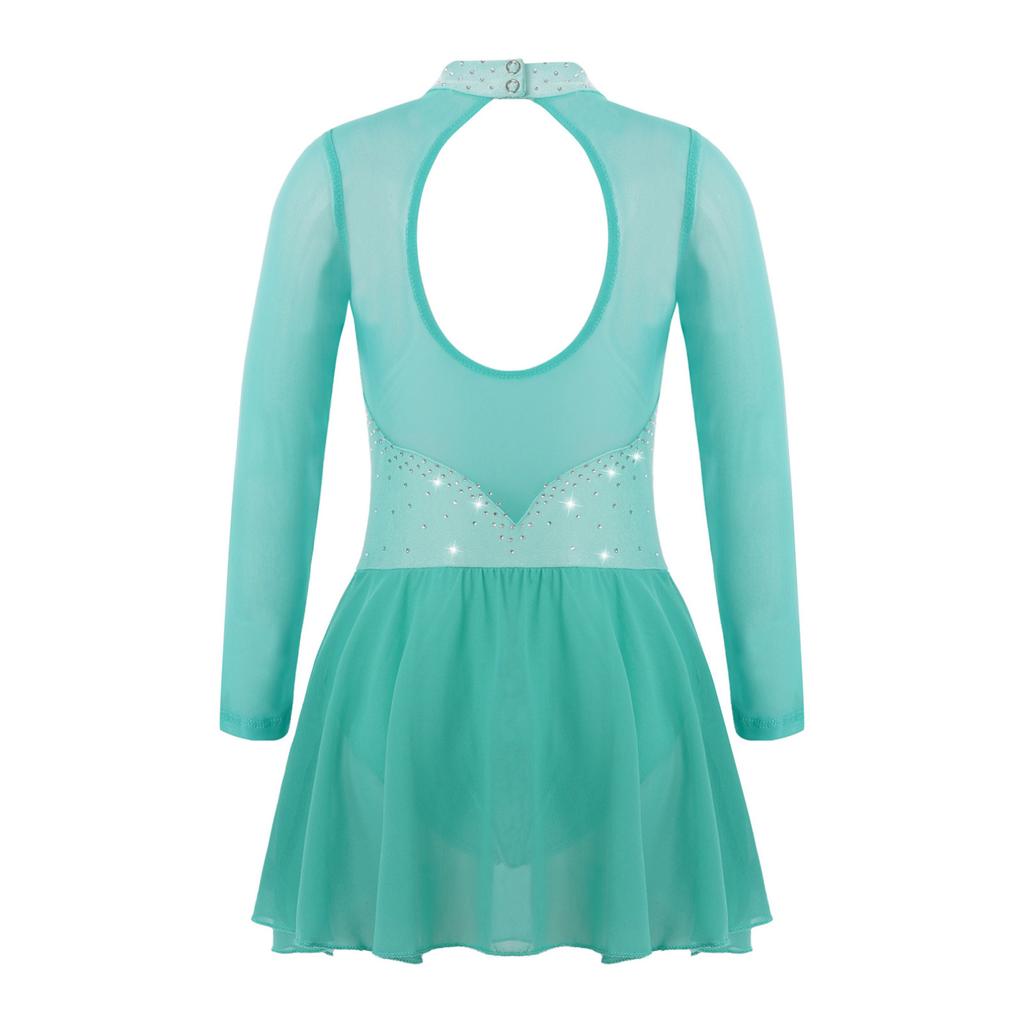 Children Girls Shiny Rhinestones Mesh Keyhole Back Figure Ice Skating Dress Long Sleeves Roller Skating Ballet Dance Leotard Dress