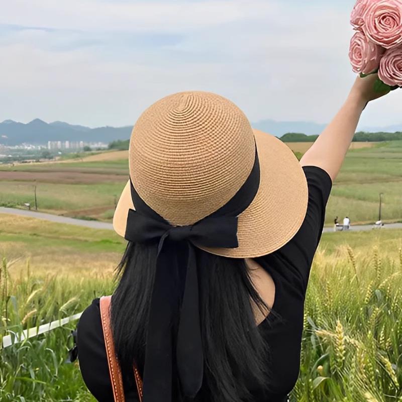 French Hepburn style straw hat seaside hat strap straw hat women's summer sun protection beach raffia sun hat