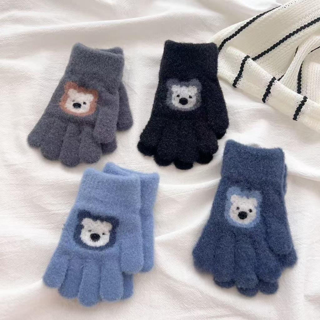 Children's Cartoon Bear Gloves for Winter Warmth New Five Finger Full Finger and Two Finger Warm Gloves for Boys