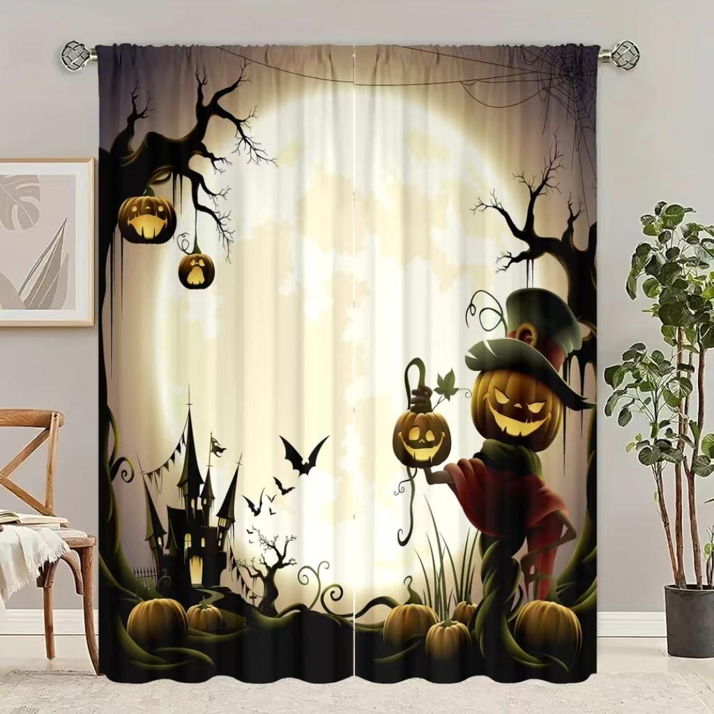 2 Pieces of Halloween Demon Pumpkin Castle Moonlight Printing Curtain - Polyester Material - Suitable for Bedroom Living Room St