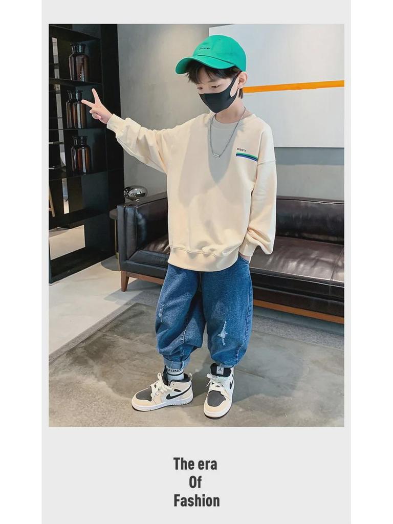 2023 Мальчики Свитшот В Корейском Стиле Круглый Вырез - Весенний и Осенний Принт Пуловер Для Детей