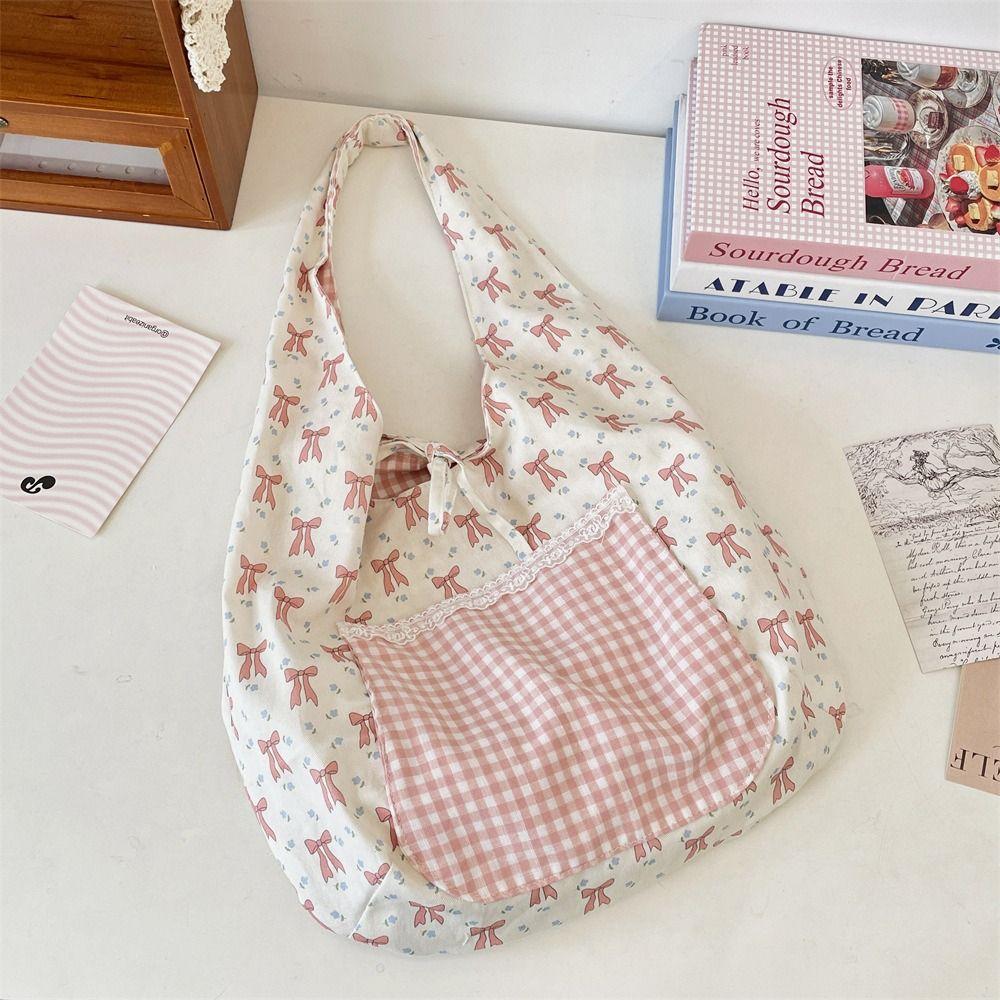 Fairy Bowknot Vest Bag Large Capacity Canvas Tote Bag Casual Floral Plaid Shoulder Bag  Outdoor