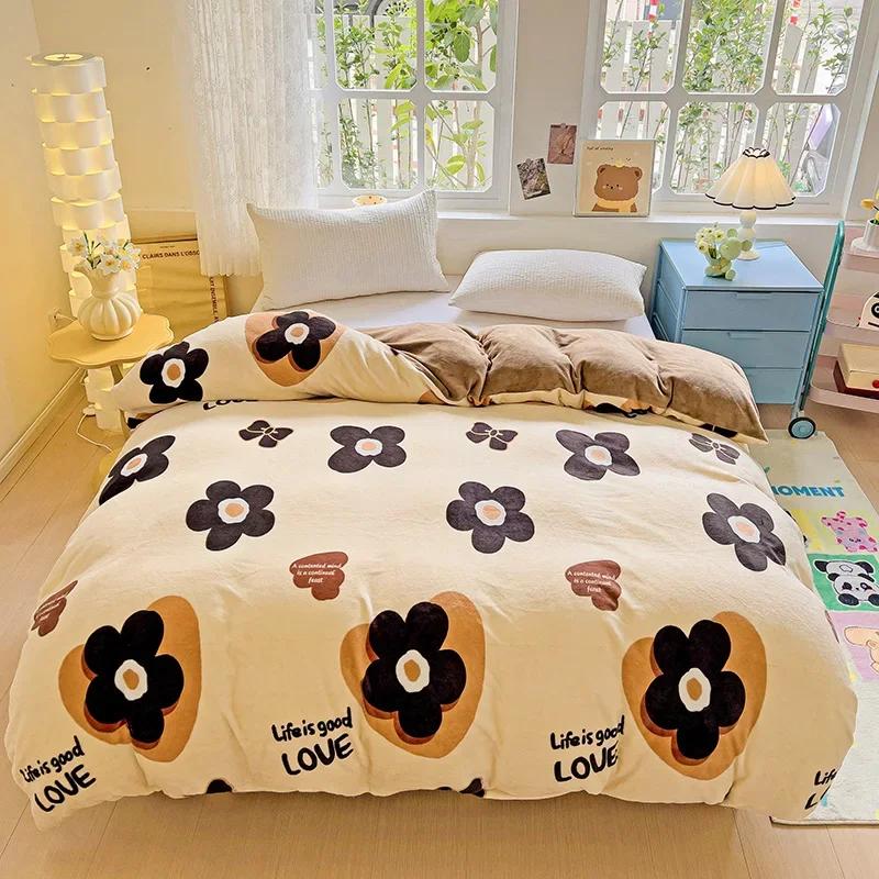 Milk Velvet Floral Duvet Cover, Ultra-Soft Cozy Warm Winter Reversible Plush Comforter Cover, 1 PC Botanical Flower Quilt Cover