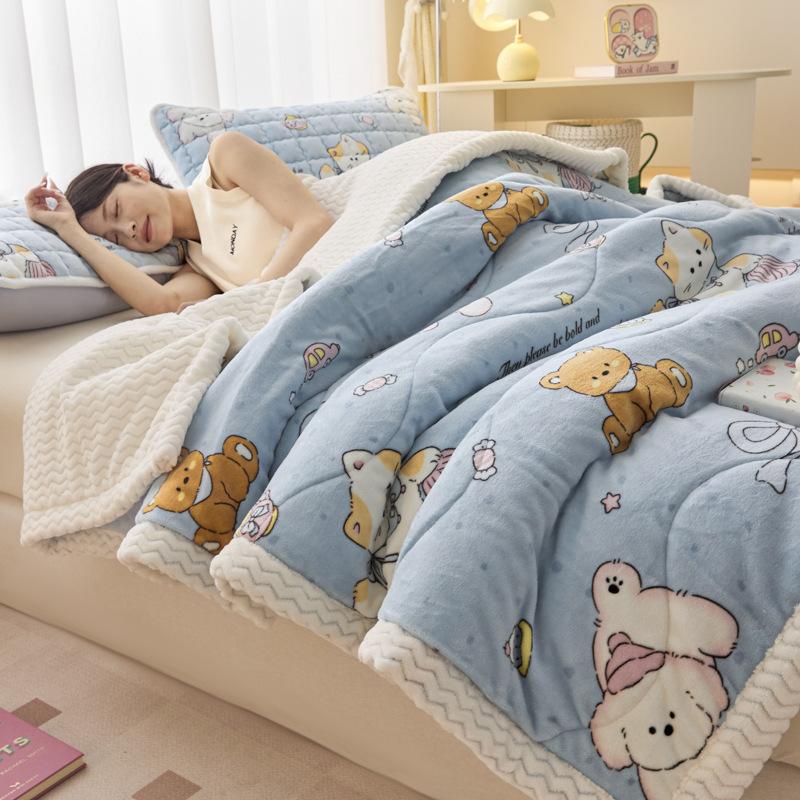 Winter Thick Three-Layer Quilted Blanket Milk Flannel Multifunctional Warm Blankets for Home Cartoon Printed Single Sofa Cover