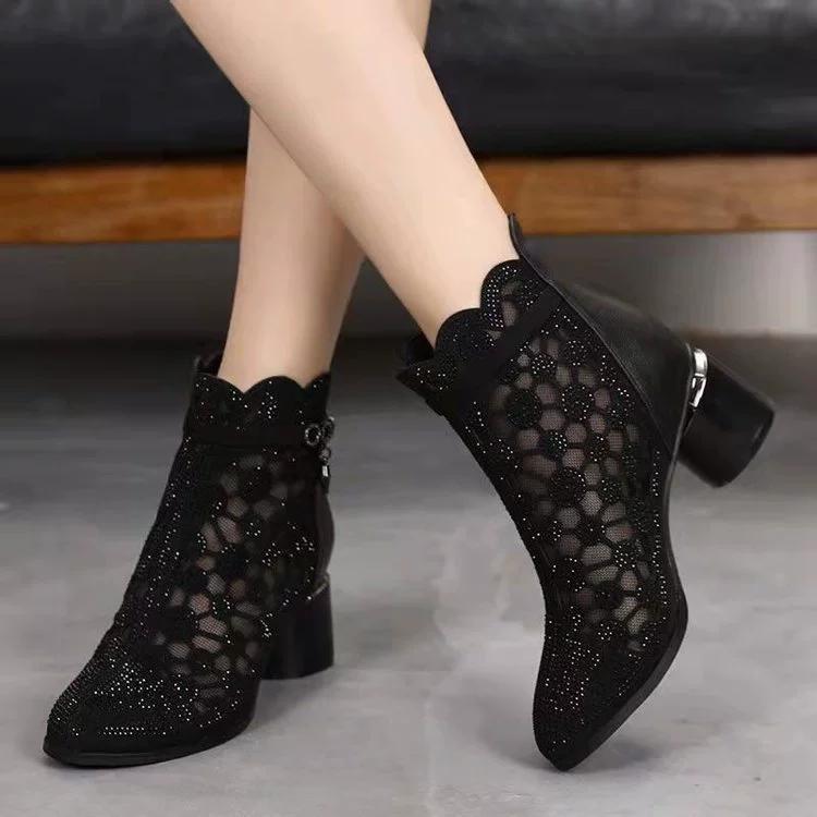 Women's Spring and Summer Hollowed Out Mesh Boots Breathable Mesh Martin Boots Versatile High-heeled Short Boots