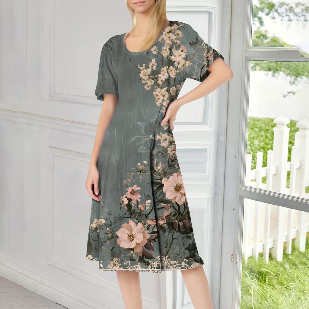 Женское повседневное модное платье миди с круглым вырезом и коротким рукавом с принтом