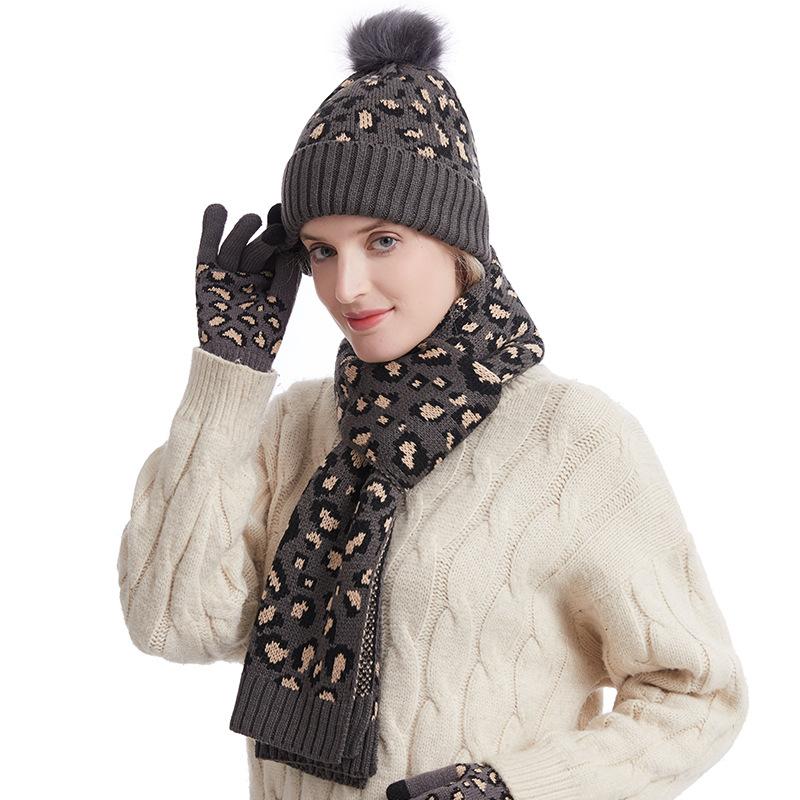 European and American Autumn and Winter Leopard Print Warm Knitted Wool Hat Scarf Gloves Three Piece Set