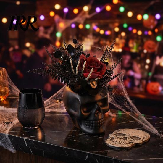 Spooky Skull Figurine Figurine, Black Red Rose Creepy Eyeballs Skeleton Halloween Lightweight Decoration Table Centerpiece for Tabletop, Desk, Mantel,