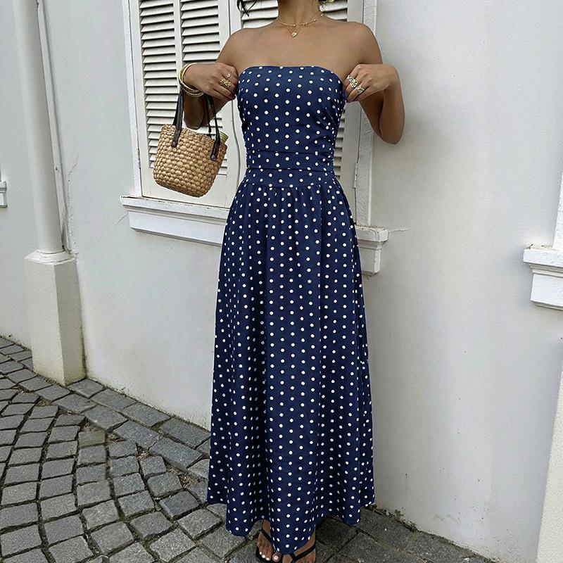 Womens Polka Dots Strapless Summer Dresses, Elastic Back Smocked Beach Vacation Outfits Vintage Elegant Maxi Dress