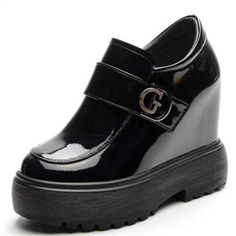 Women's Genuine Leather Shoes High Platform Ankle Boots 11CM Wedge Heels Female Casual Shoes Autumn Thick Bottom Slip-on Shoes