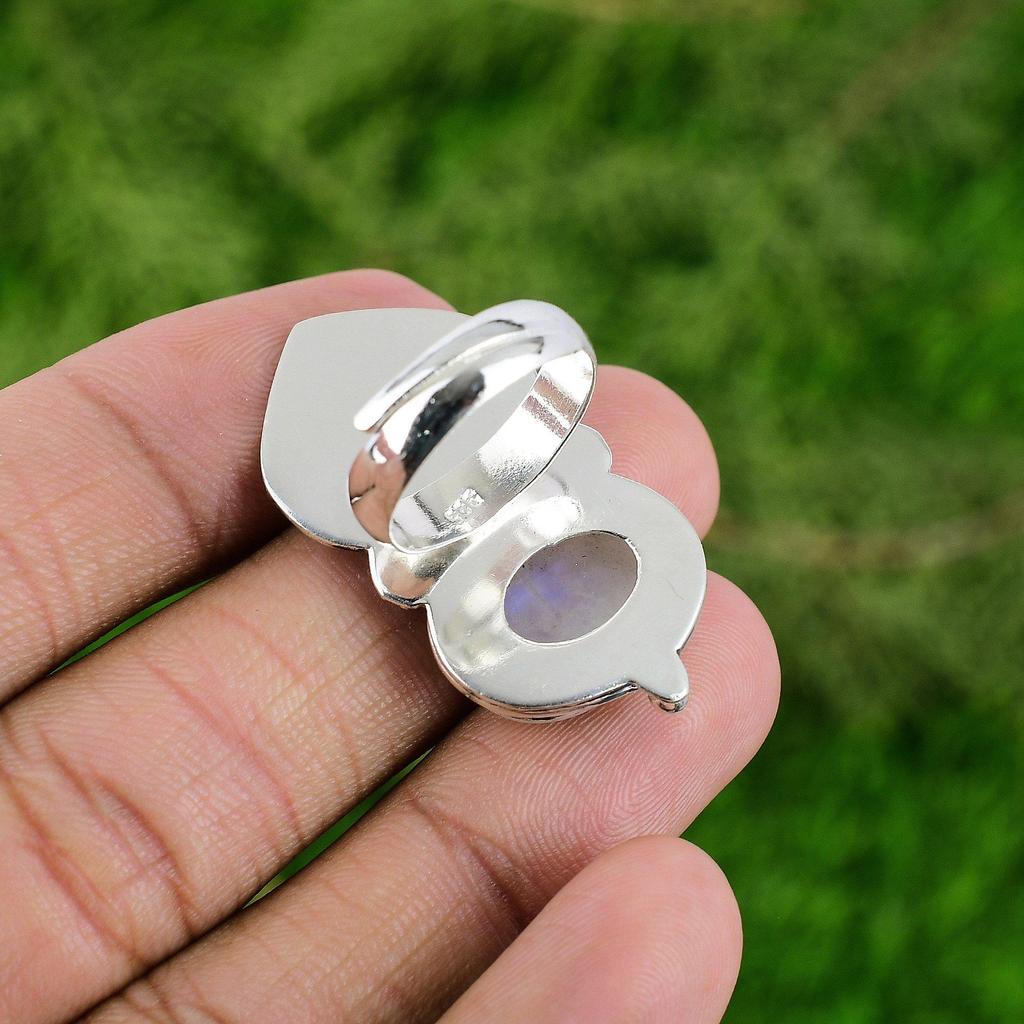 Natural Rainbow Moonstone 925 Silver Multi Stone Bird Adjustable Ring For Women