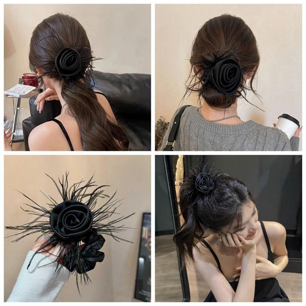 Korean Style Rose Feather Hair Bands Cloth Hair Rope Elegant Flower Headband  Women