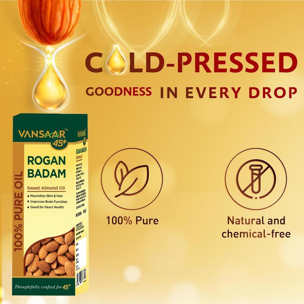 Vansaar 45+ Rogan Badam Oil 50ml Cold Pressed Sweet Almond Oil For Skin Brightening & Hair Shine Nourishment With Natural Californian Almonds