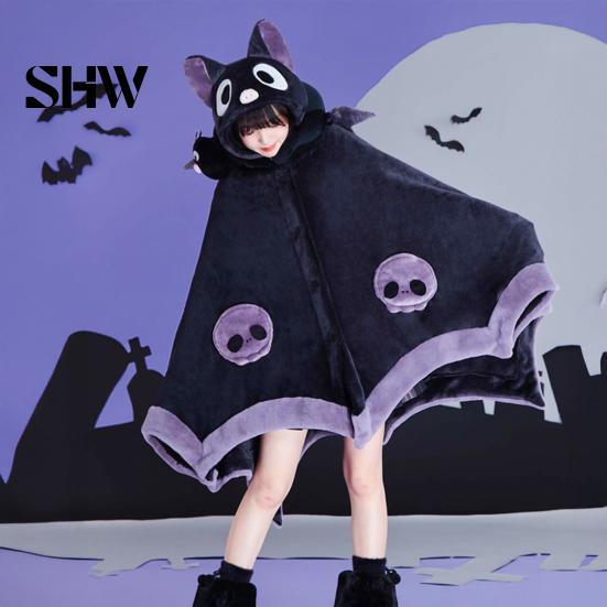 Warm Fleece Loungewear Halloween Bat Blanket Hoodie, Plush Wearable Hooded Costume Cape, Oversized Cartoon Sleepwear for Women Loose Fit