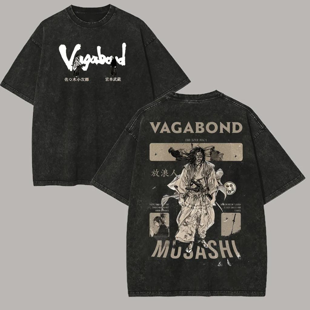 Washed Tee Anime Vagabond Miyamoto Musashi Washed T-shirt Vintage Oversized Clothes Year round clothing Unisex Couples soft short sleeve oversize