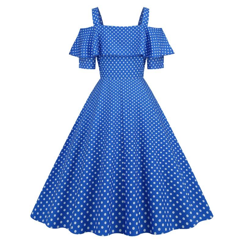 Women's Clothing Source Hepburn Suspender Ruffle Edge Short Sleeve Big Pendulum Polka Dot S S Retro Dress