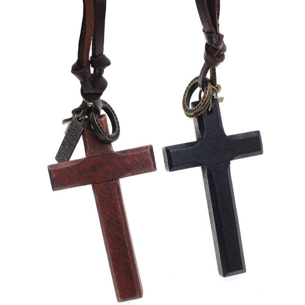 Metal Tags Wood Cross Necklace Religious Crucifix Pendant Chain Handmade Cross Necklace Christian