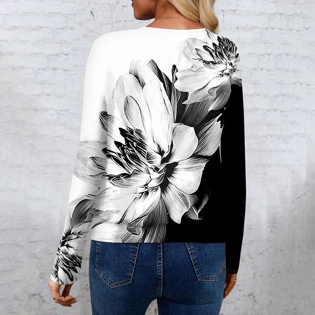 Women's Fashionable Casual Long Sleeved Printed Off Shoulder Round Neck Top