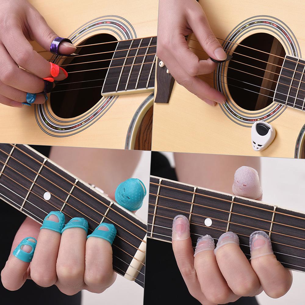Guitar Accessories Kit Includes 20pcs Silicone Guitar Finger Protectors + 10pcs Guitar Picks + 4pcs Thumb & Finger