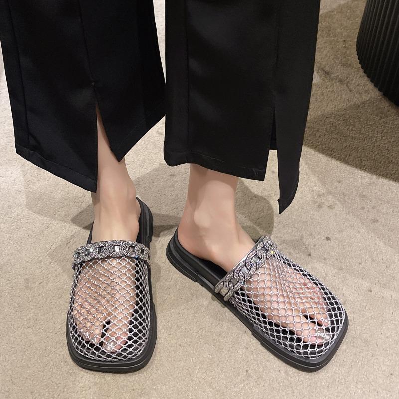 Летние модные новые тапочки Baotou со стразами, квадратная головка, большие сетчатые дышащие плоские сандалии, ленивые нескользящие полутапочки