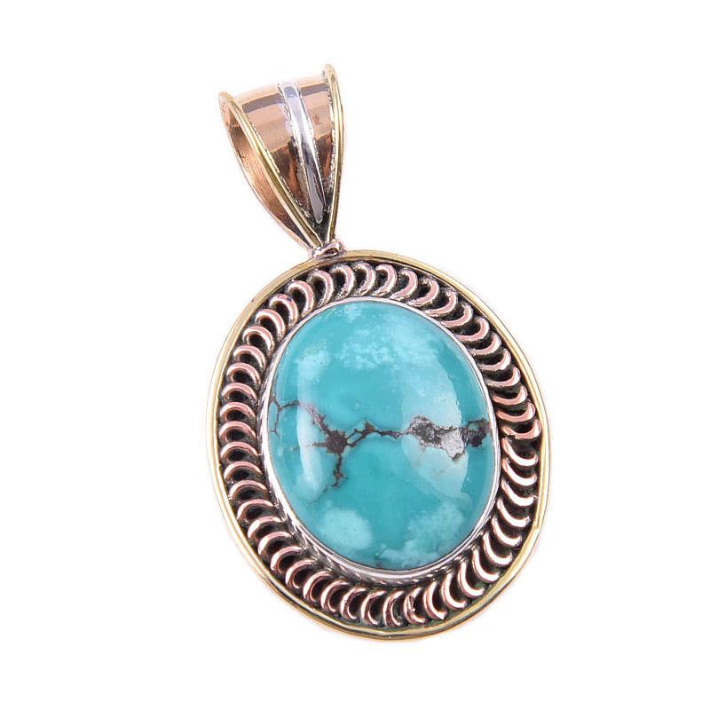 Natural Tibetan Turquoise Gemstone 925 Solid Silver Two Tone Pendant 1.50" I3m07