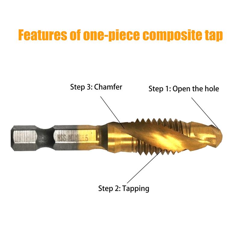 6 шт. быстрорежущей стали M3-M10 с титановым покрытием композитный метчик шестигранное сверло и метчик интегрированный метчик машина с инструментом для снятия фаски отверстия