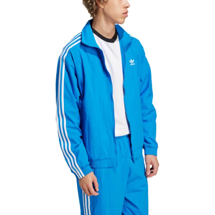 adidas Оригинальная полосатая куртка с воротником-стойкой на молнии и длинными рукавами, мужская куртка, синяя IT2496