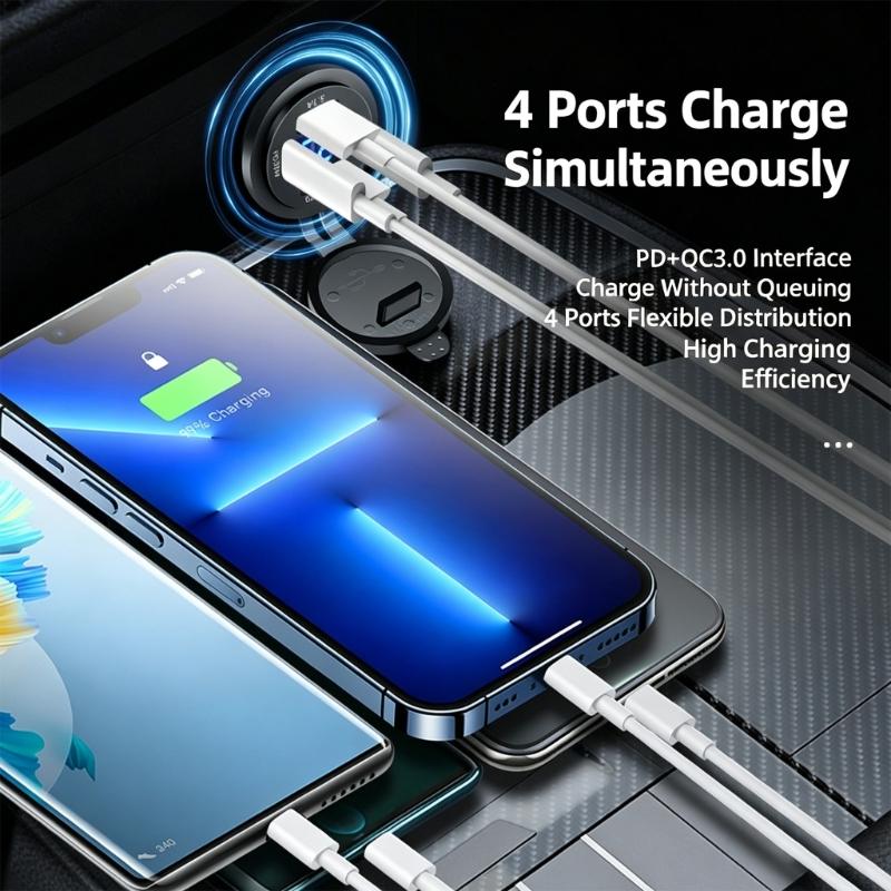 12V-24V Dashboard USB Outlet with Double Type-C and Double USB-A Ports, Built-In Power Readout, Round Panel Socket for Car Boat Motorcycle Consoles