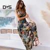 Women Vacation Dress Sleeveless V Neck Backless Floral Printing High Waist Drawstring Beach Dress Bohemian Style Maxi Dress