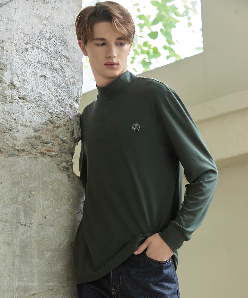 APPLE+RIND Warm Brushed Mock Neck T-Shirt_Deep Green