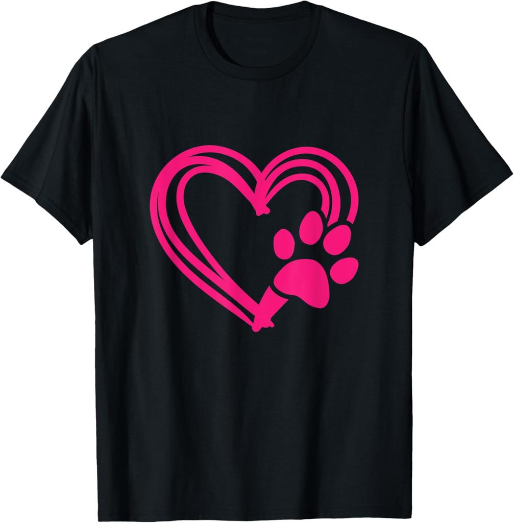 Pink Paw Print Heart Graphic Tee Casual Cotton Short Sleeve TShirt for Dog Lovers