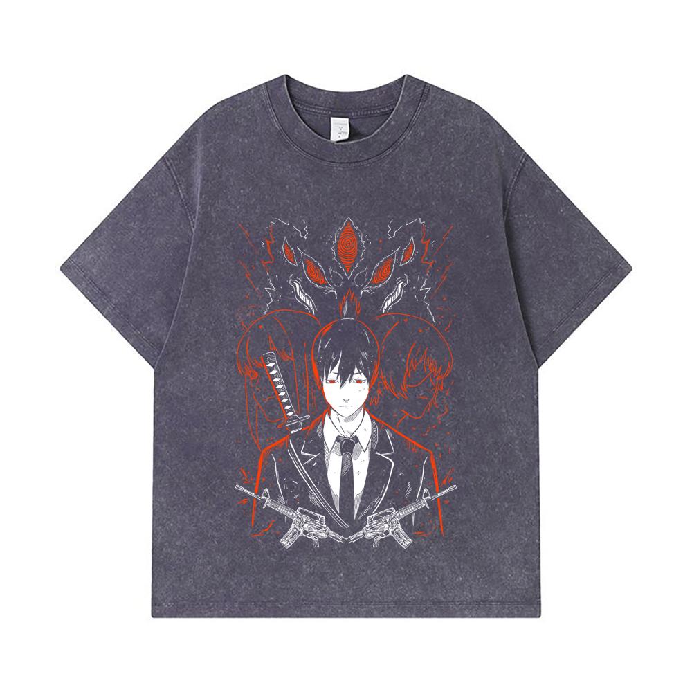 GSM Washed Tshirts  Cotton Chainsaw Man V Aki Print Unisex Heavy Cotton T Shirt