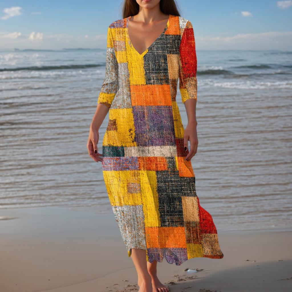 Women's Vintage Print Tunic Waisted Midi Dress Summer Casual 3/4 Sleeve Dress Dress