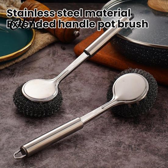 Durable Metal Scrub Brush Stainless Steel Wool Scrubber with Long Handle, Deep Cleaning Heavy Handheld Pot Cleaner Duty Kitchen Brush, Non-Scratch