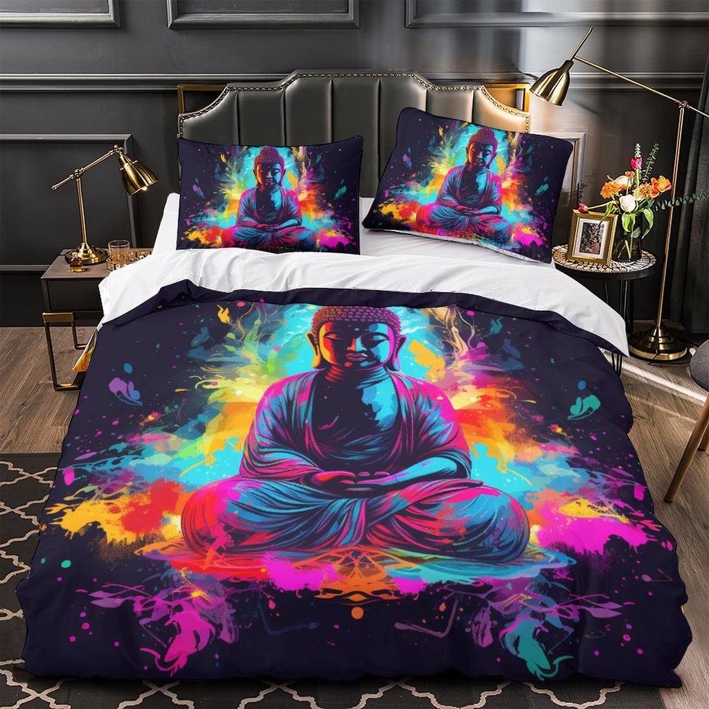 3D Colorful Buddha Statue Bedding Set, Buddha Believer Room, Women's Down Duvet Cover, Pillow Cover, 2/3pcs, Fashion Quick Drying Cover